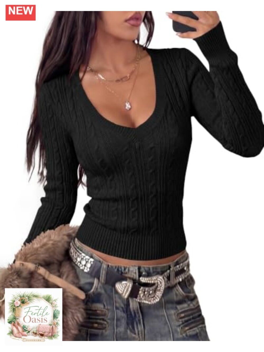 Cable Knit V-Neck Long Sleeve Fitted Pullover Sweater Lightweight Ribbed Y2K